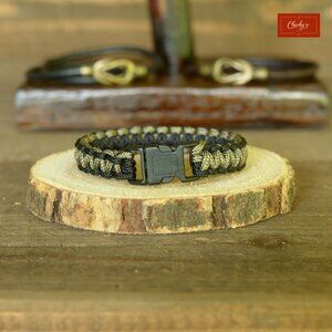Paracord Bracelet/Survival Bracelet Side Release Buckle Black/Khaki L 7"(ID 201)